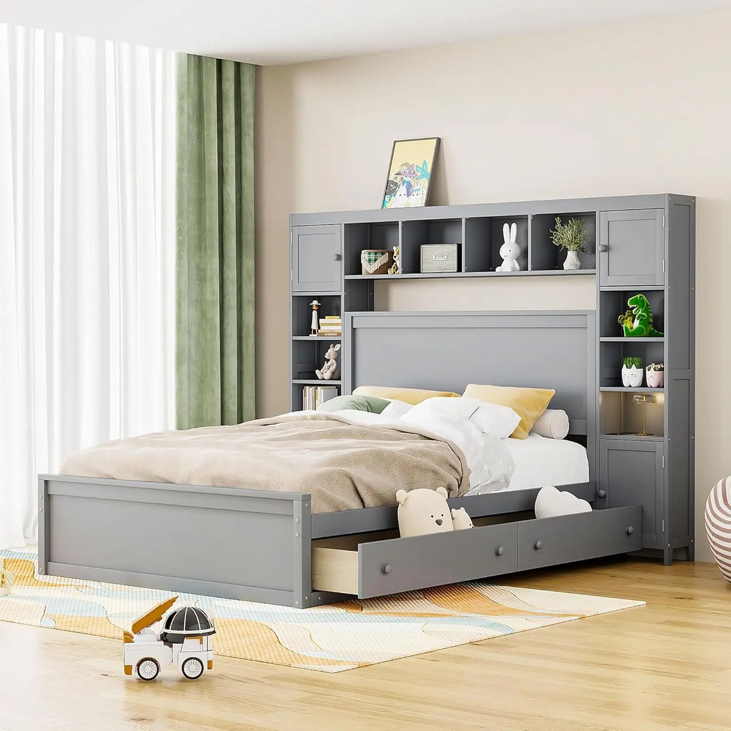 Platform Storage Bed with Bookcase Headboard and Trundle. Trundle and 2 Storage Drawers