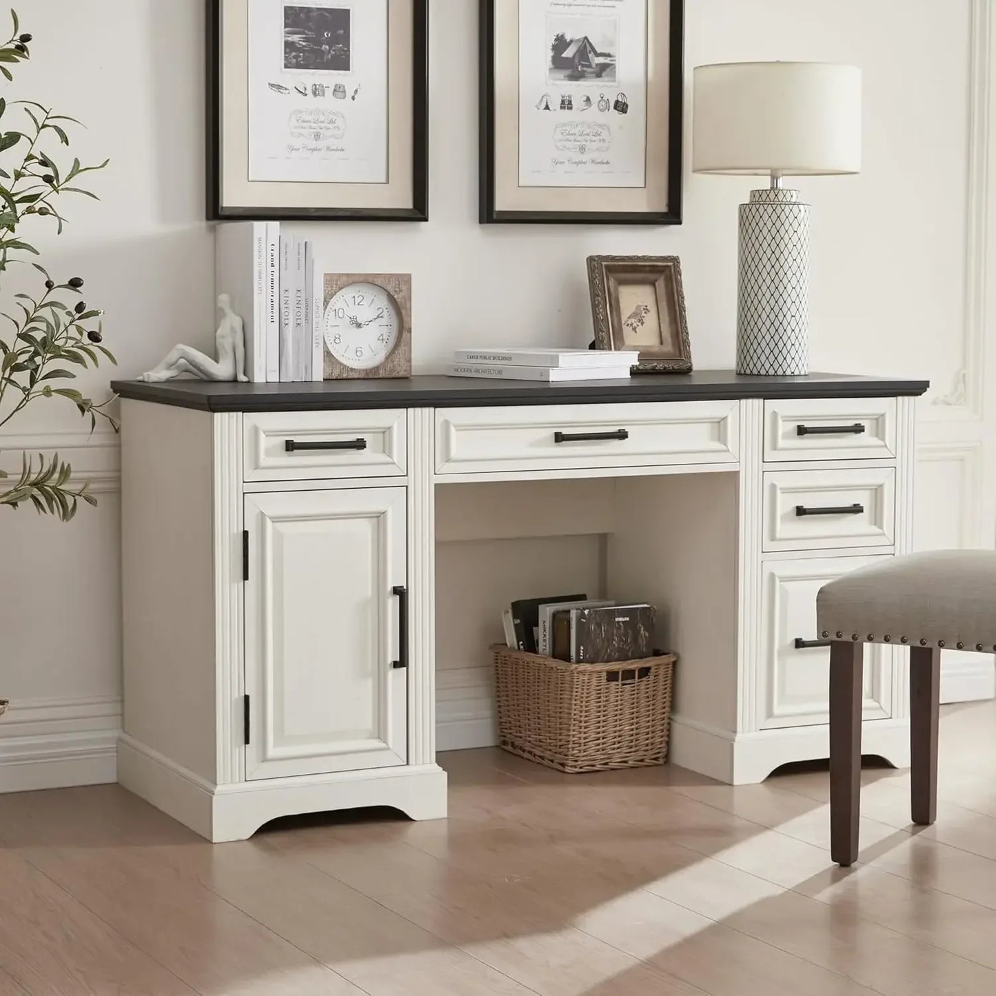 58" Farmhouse Executive Computer Desk with Drawers and Cabinet, Embossed Texture Home Office Desk, Off White.