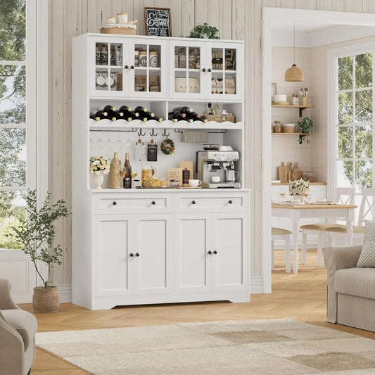 Tall Pantry Hutch Cabinet with Microwave Stand and Wine Racks