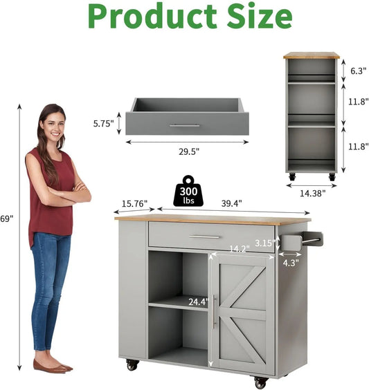 Kitchen Island cart with wheels, spice rack and towel rack. .