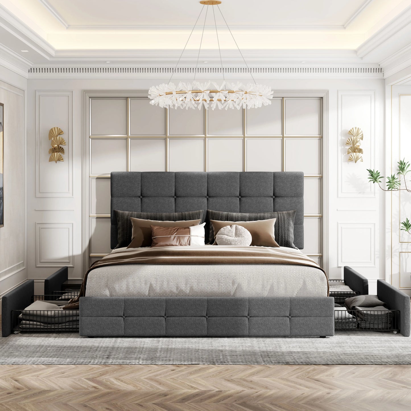 Adjustable Square Stitched Button Platform Headboard Bed Frame with 4 Drawers,