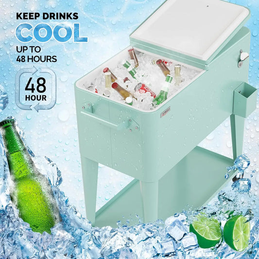 80 Quart Rolling Patio Party Bar Drink Cooler Cart, with Shelf and Bottle Opener