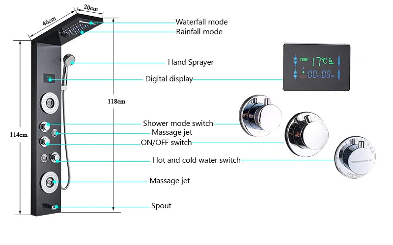 Luxury LED Spa Massage Jet Shower Head & Panel