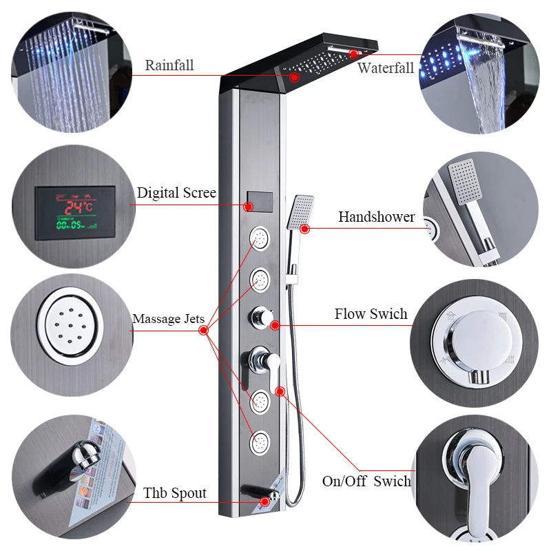 Luxury LED Spa Massage Jet Shower Head & Panel