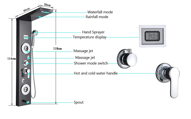 Luxury LED Spa Massage Jet Shower Head & Panel