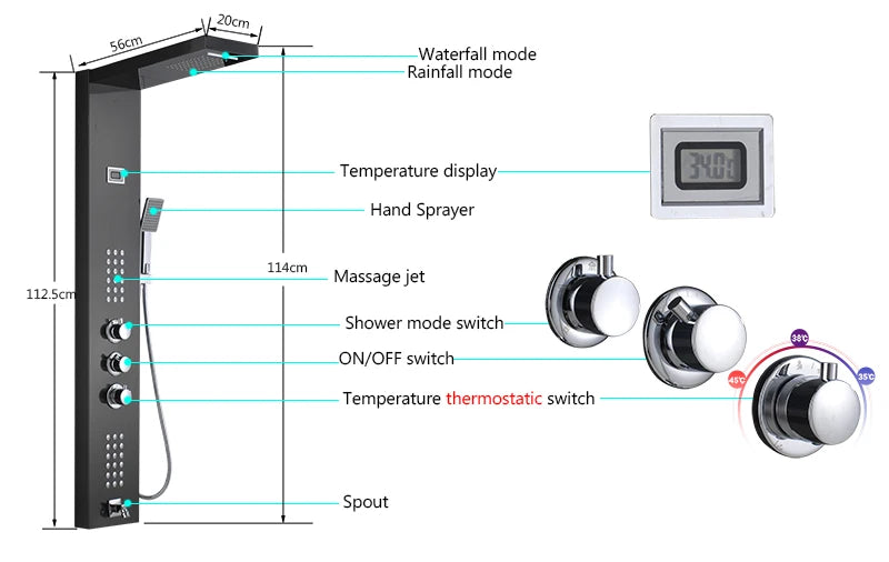 Luxury LED Spa Massage Jet Shower Head & Panel