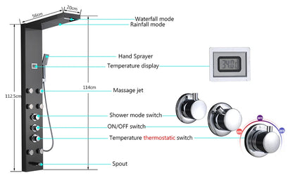 Luxury LED Spa Massage Jet Shower Head & Panel