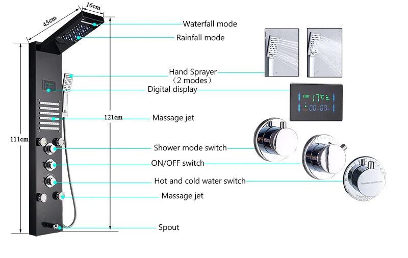Luxury LED Spa Massage Jet Shower Head & Panel