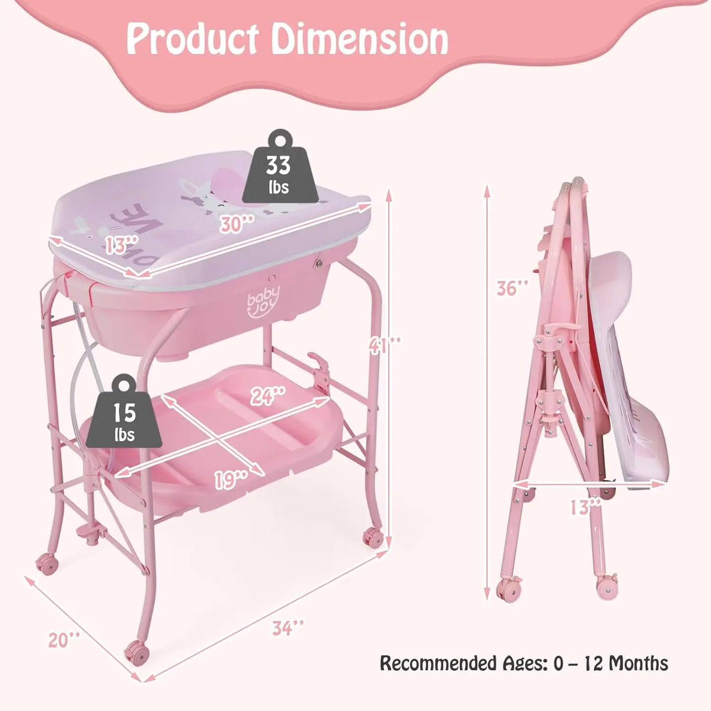 Bathtub with Foldable Infant Diaper Changing Station, Storage Tray and Waterproof Pad.
