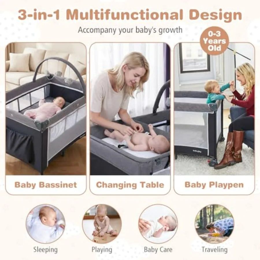 Pack and Play ; Travel Crib;  Bassinet Bed for Baby with Changing Table Safety Belt
