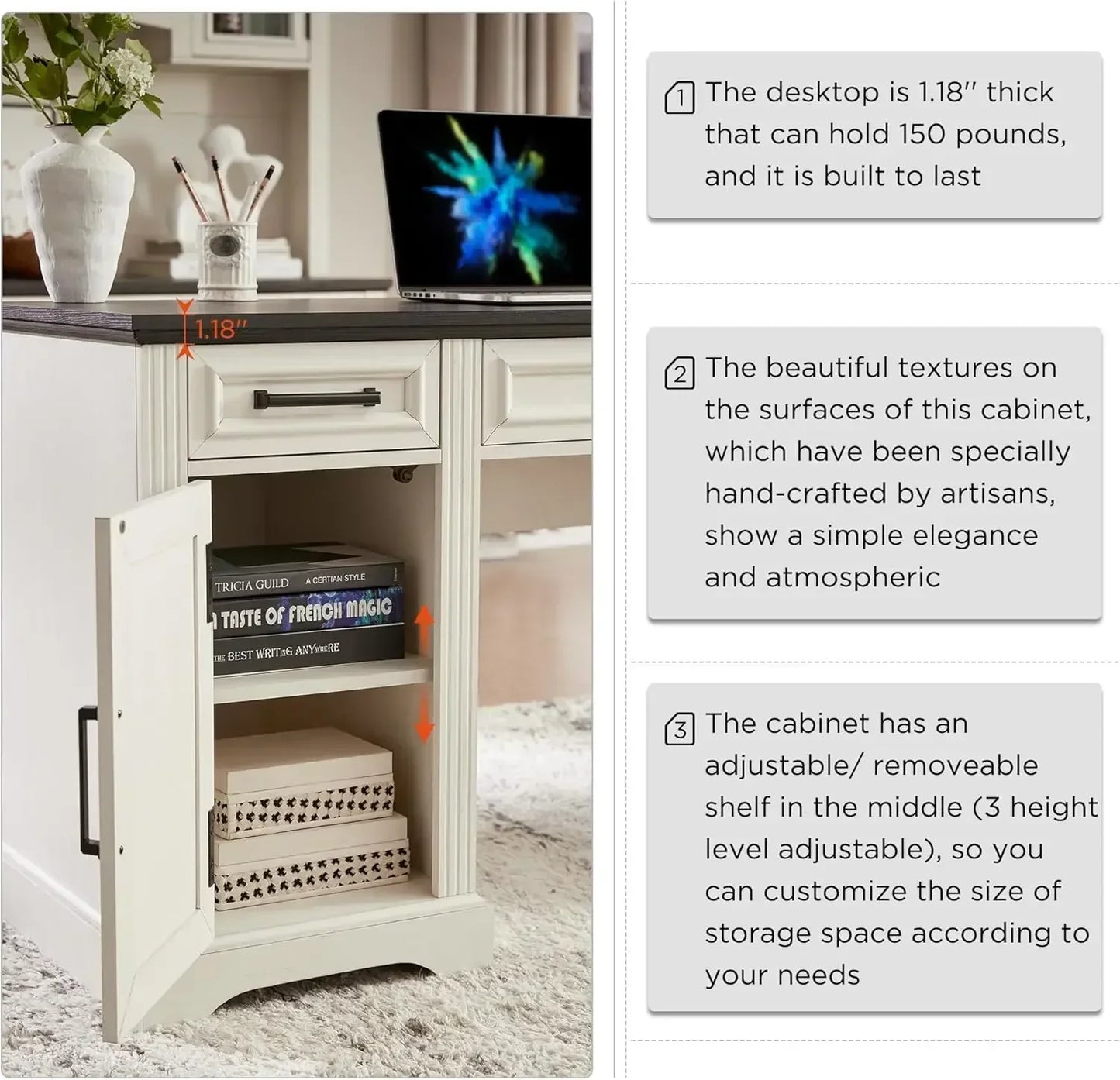 58" Farmhouse Executive Computer Desk with Drawers and Cabinet, Embossed Texture Home Office Desk, Off White.