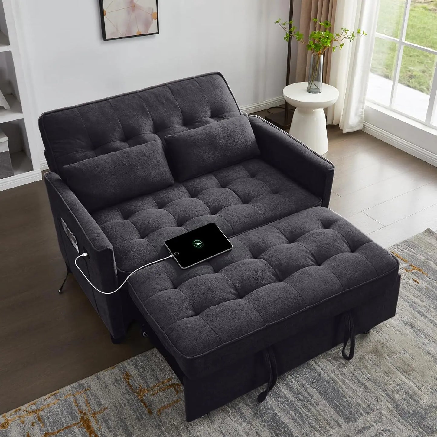 Convertible Sofa Bed, 3 in 1 Pull Out Couch, Loveseat Sleeper with Side Pocket