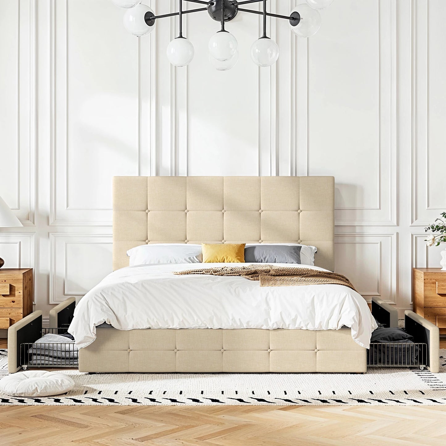 Adjustable Square Stitched Button Platform Headboard Bed Frame with 4 Drawers,