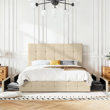 Adjustable Square Stitched Button Platform Headboard Bed Frame with 4 Drawers,