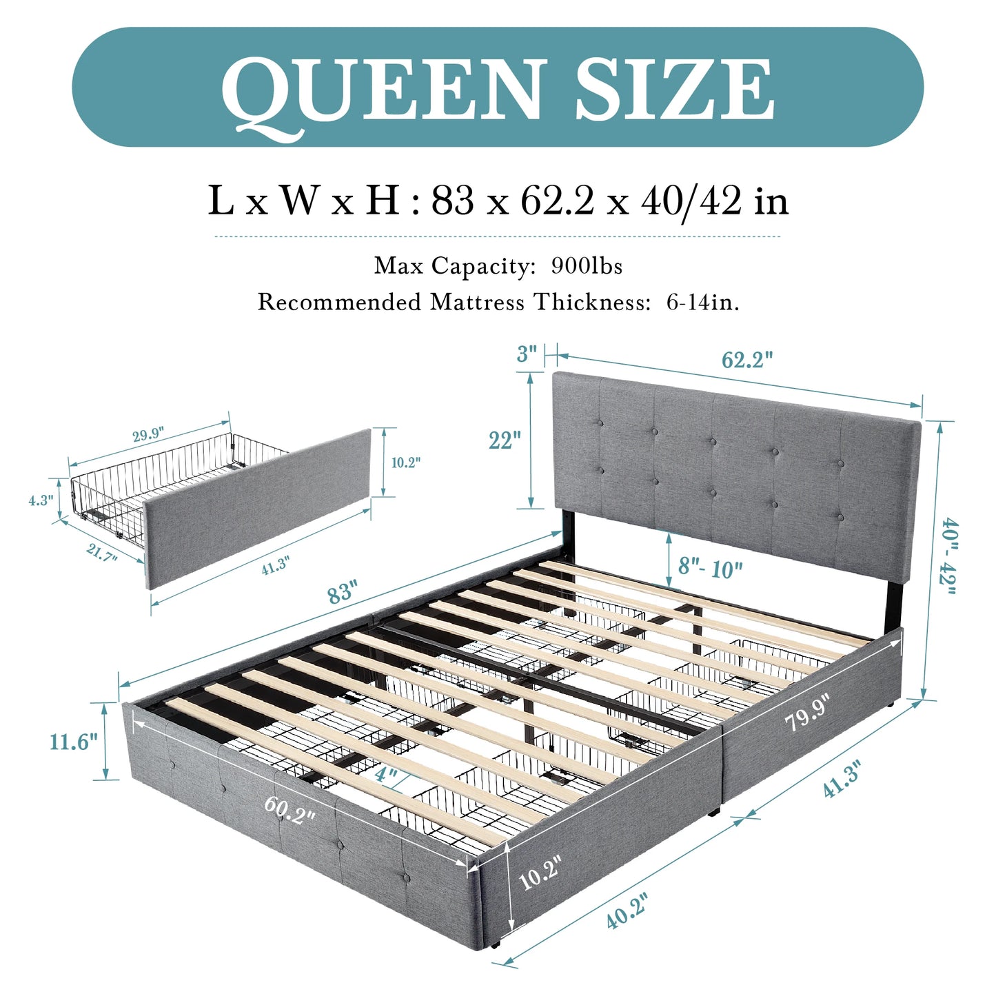 Adjustable Square Stitched Button Platform Headboard Bed Frame with 4 Drawers,