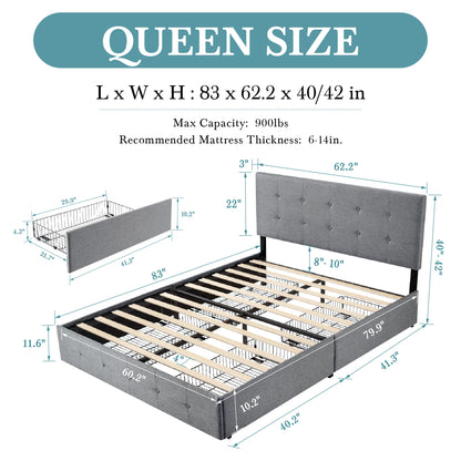 Adjustable Square Stitched Button Platform Headboard Bed Frame with 4 Drawers,