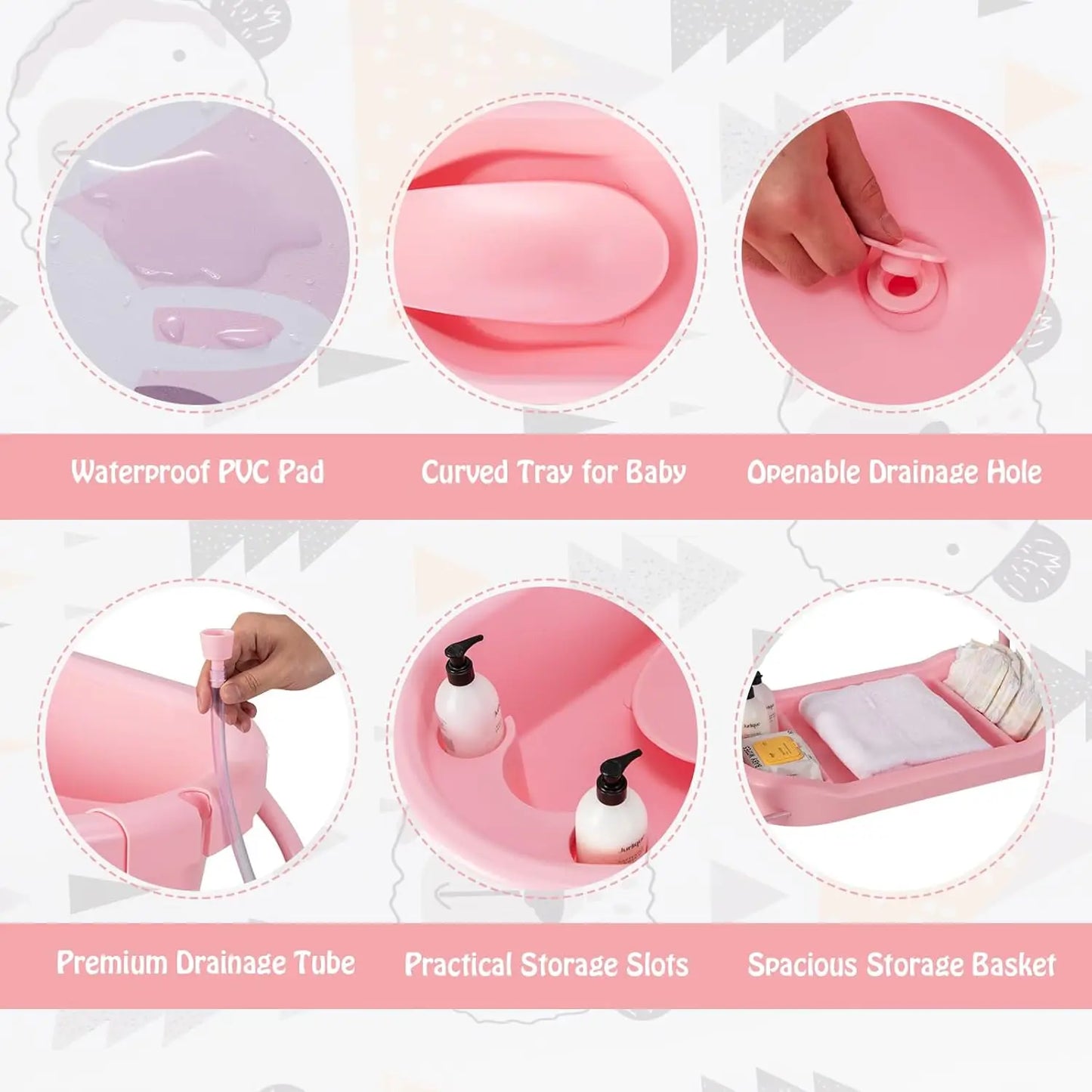 Bathtub with Foldable Infant Diaper Changing Station, Storage Tray and Waterproof Pad.
