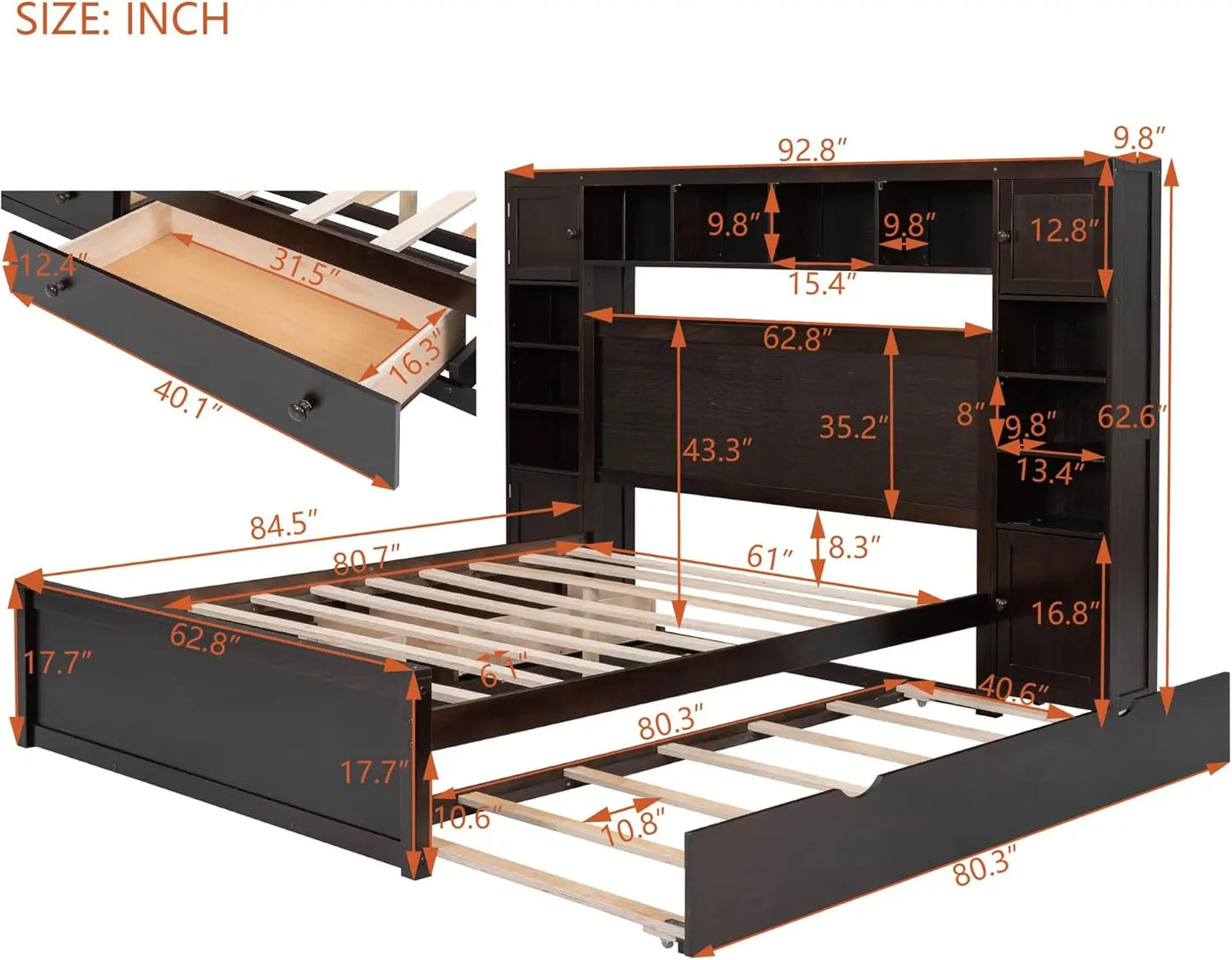 Platform Storage Bed with Bookcase Headboard and Trundle. Trundle and 2 Storage Drawers