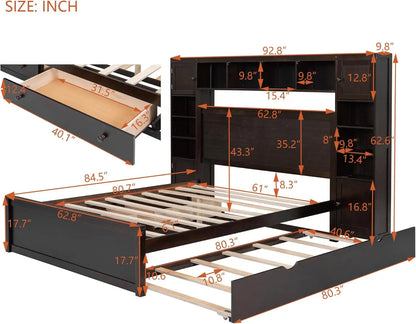 Platform Storage Bed with Bookcase Headboard and Trundle. Trundle and 2 Storage Drawers