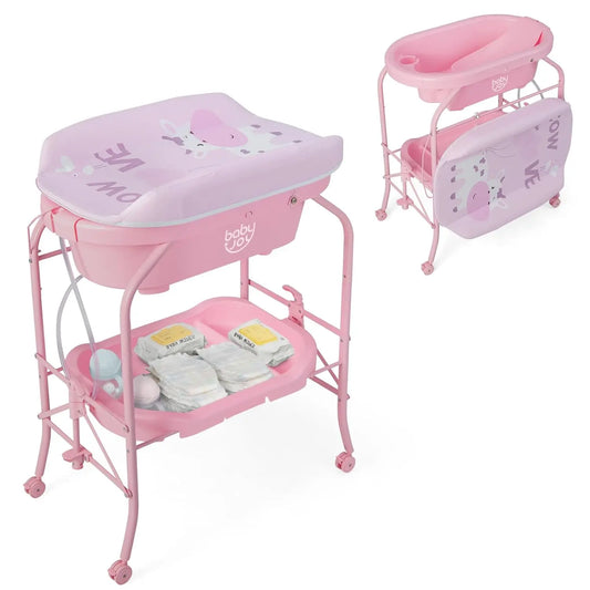 Bathtub with Foldable Infant Diaper Changing Station, Storage Tray and Waterproof Pad.
