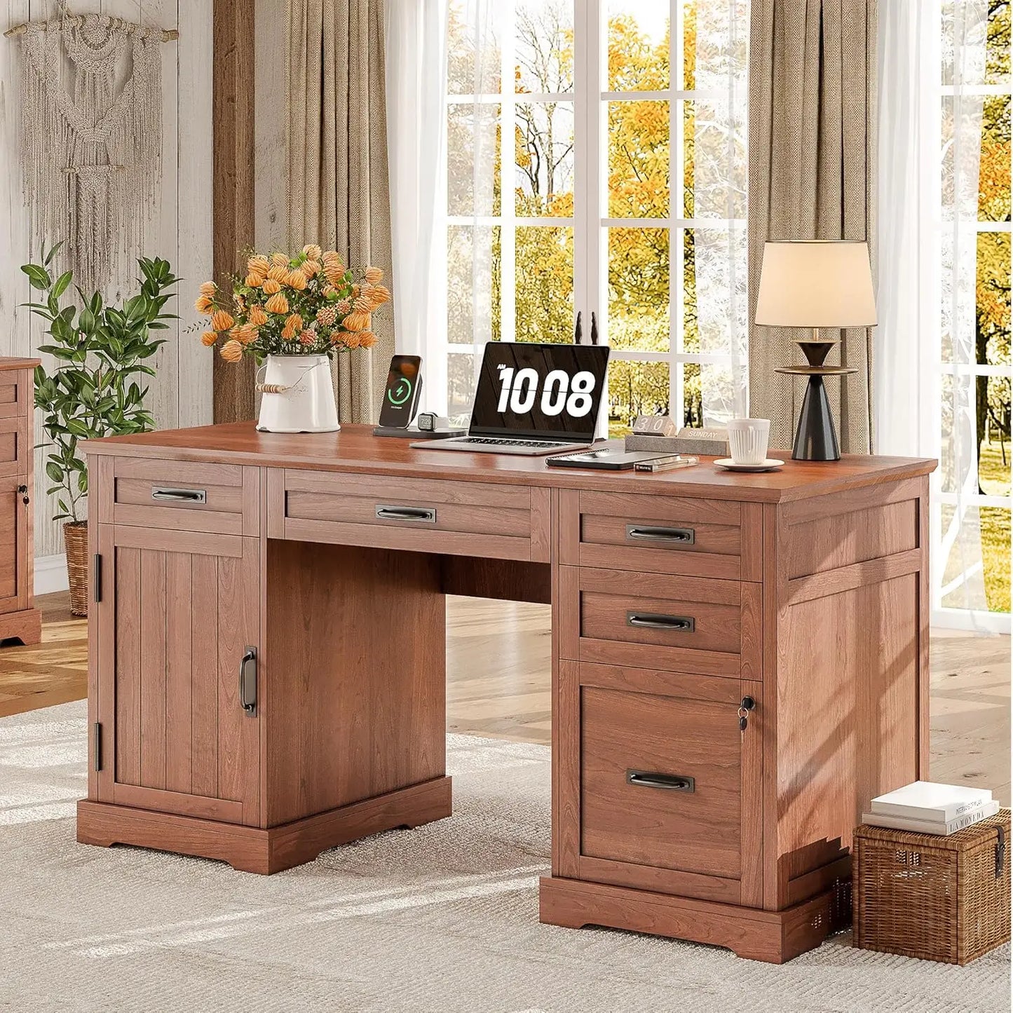 DESK
55'' Farmhouse Executive Computer Wooden Desk with Drawers and File Cabinet