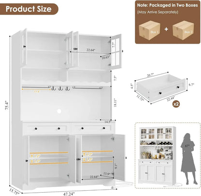 Tall Pantry Hutch Cabinet with Microwave Stand and Wine Racks
