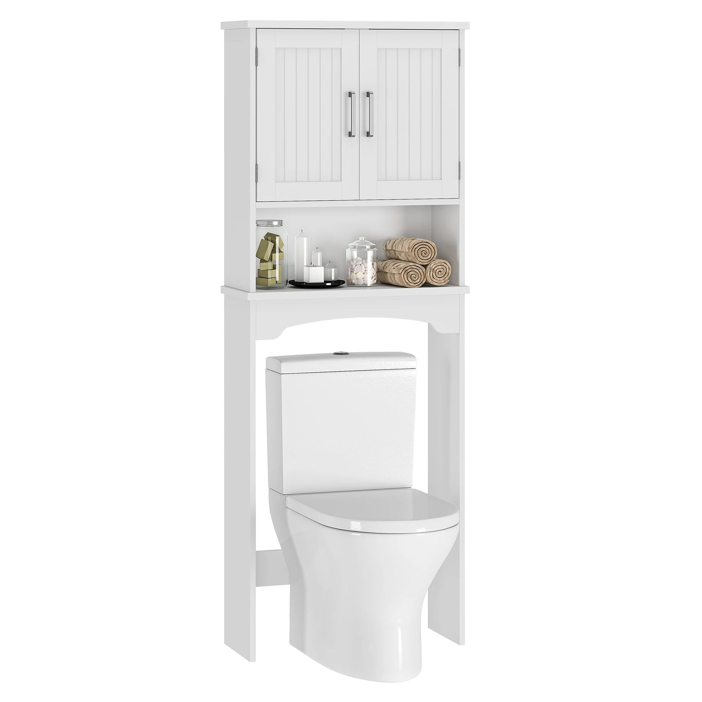 Above Toilet Bathroom Organizer with Double Doors and  Open Shelf.