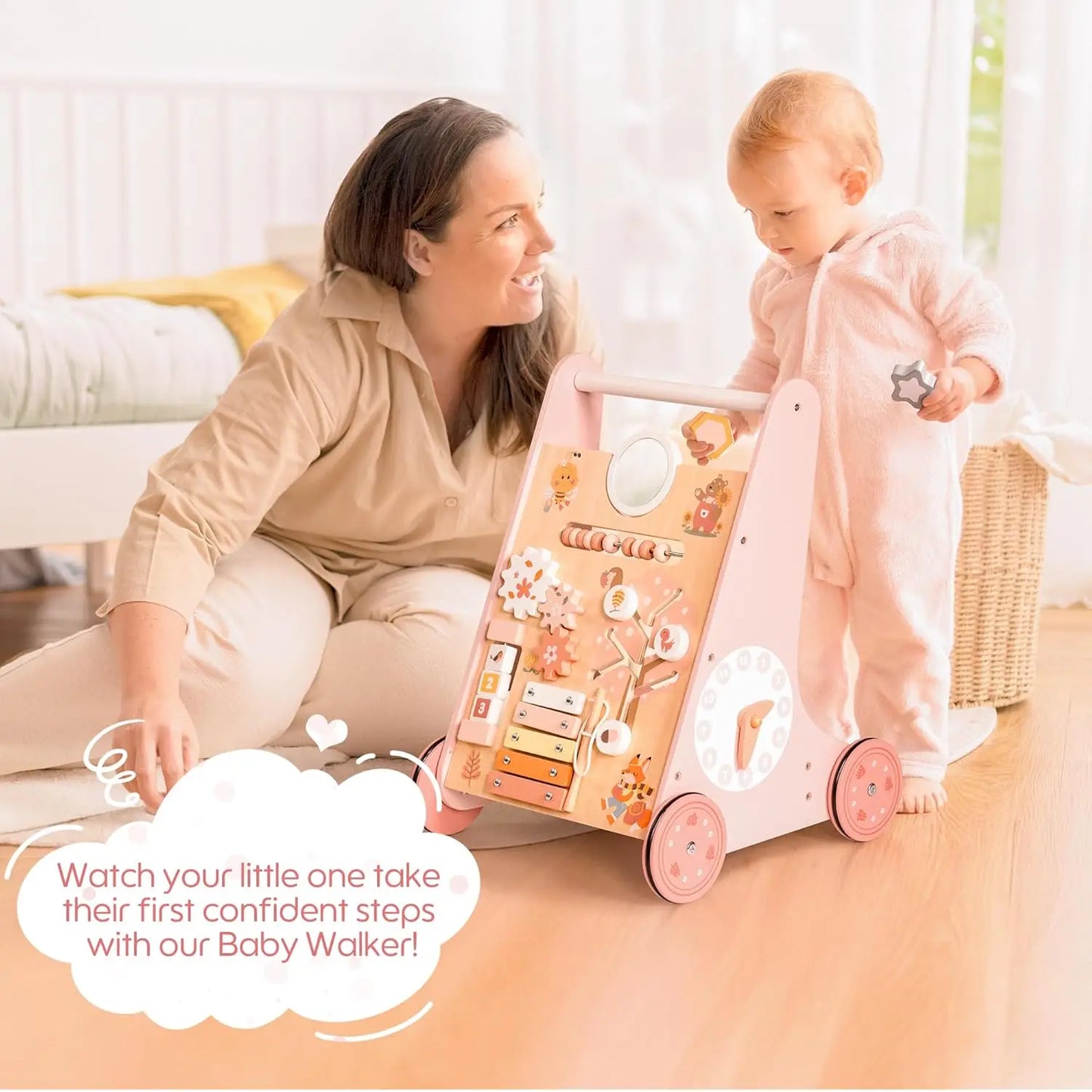 Wooden Baby Walker with Wheels Montessori Push Toys for Babies Learning to Walk Baby Walkers Activity Center
