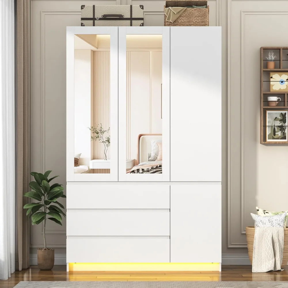 Armoire with 3 Doors, Drawers, Mirror & LED Lights for Storage