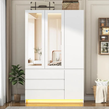 Armoire with 3 Doors, Drawers, Mirror & LED Lights for Storage