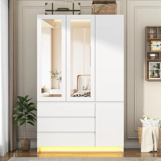 Armoire with 3 Doors, Drawers, Mirror & LED Lights for Storage