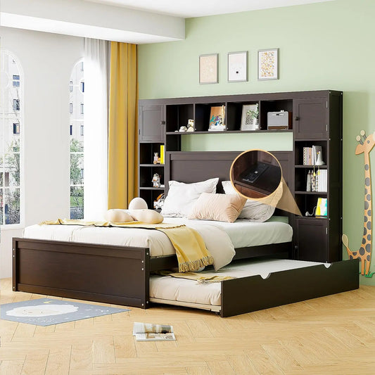 Platform Storage Bed with Bookcase Headboard and Trundle. Trundle and 2 Storage Drawers