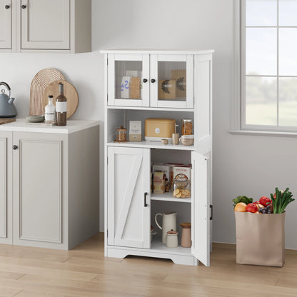 Pantry Cupboard with 2 Wood Doors, 2 Tempered Glass Doors and Open Space.