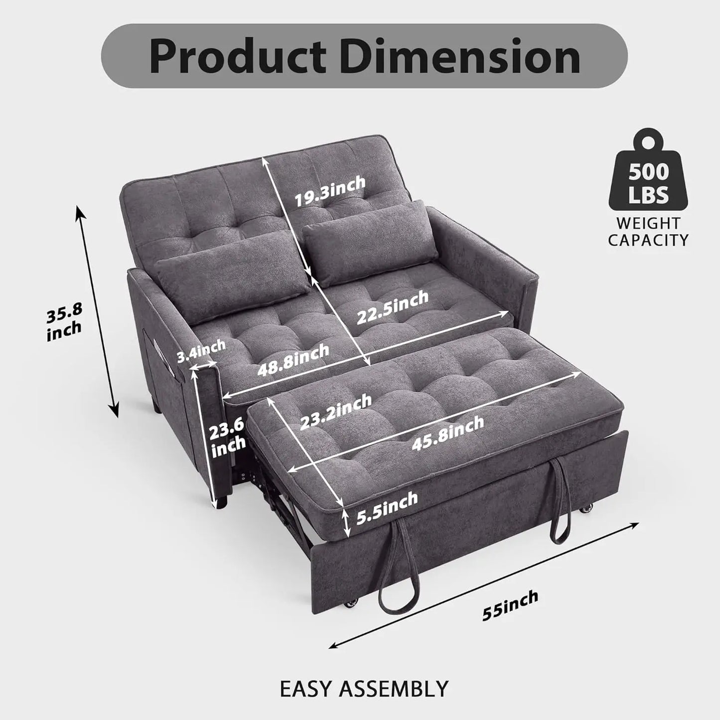 Convertible Sofa Bed, 3 in 1 Pull Out Couch, Loveseat Sleeper with Side Pocket