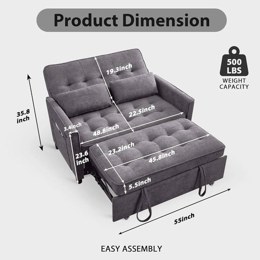 Convertible Sofa Bed, 3 in 1 Pull Out Couch, Loveseat Sleeper with Side Pocket