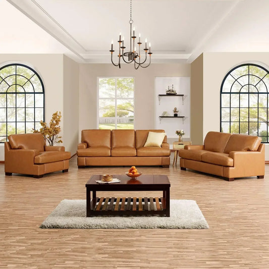 3 Luxurious Leather Comfort, Goose Feather Cushion Filling, Square Arm Design, Sturdy Block Set