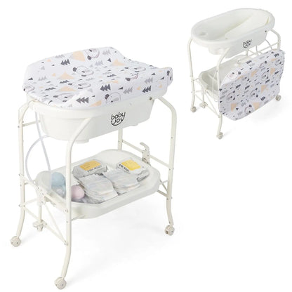 Bathtub with Foldable Infant Diaper Changing Station, Storage Tray and Waterproof Pad.