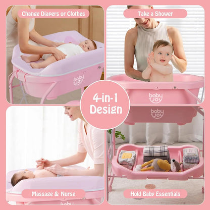 Bathtub with Foldable Infant Diaper Changing Station, Storage Tray and Waterproof Pad.