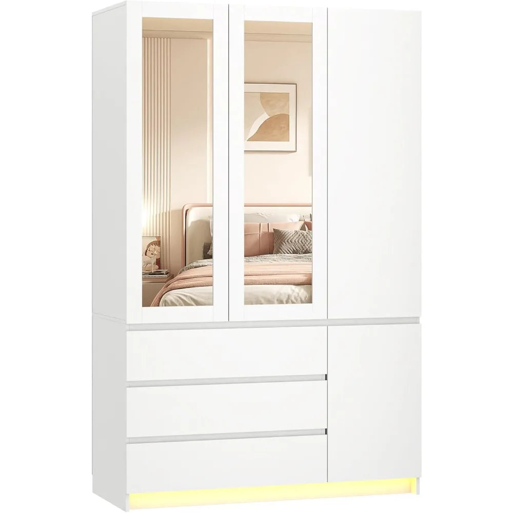 Armoire with 3 Doors, Drawers, Mirror & LED Lights for Storage
