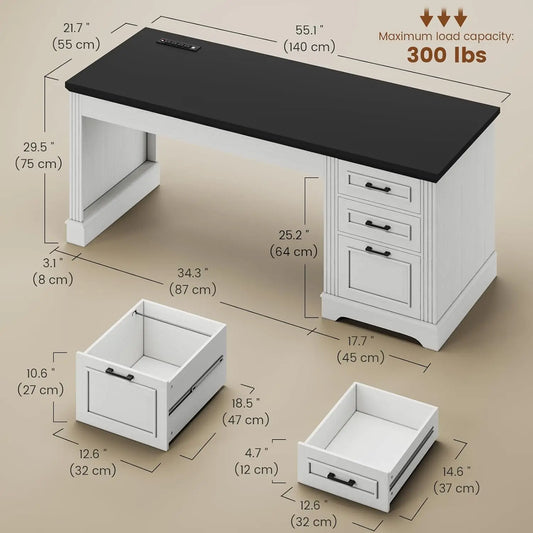 Farmhouse Executive Desk, with Storage Drawers and Power Outlet