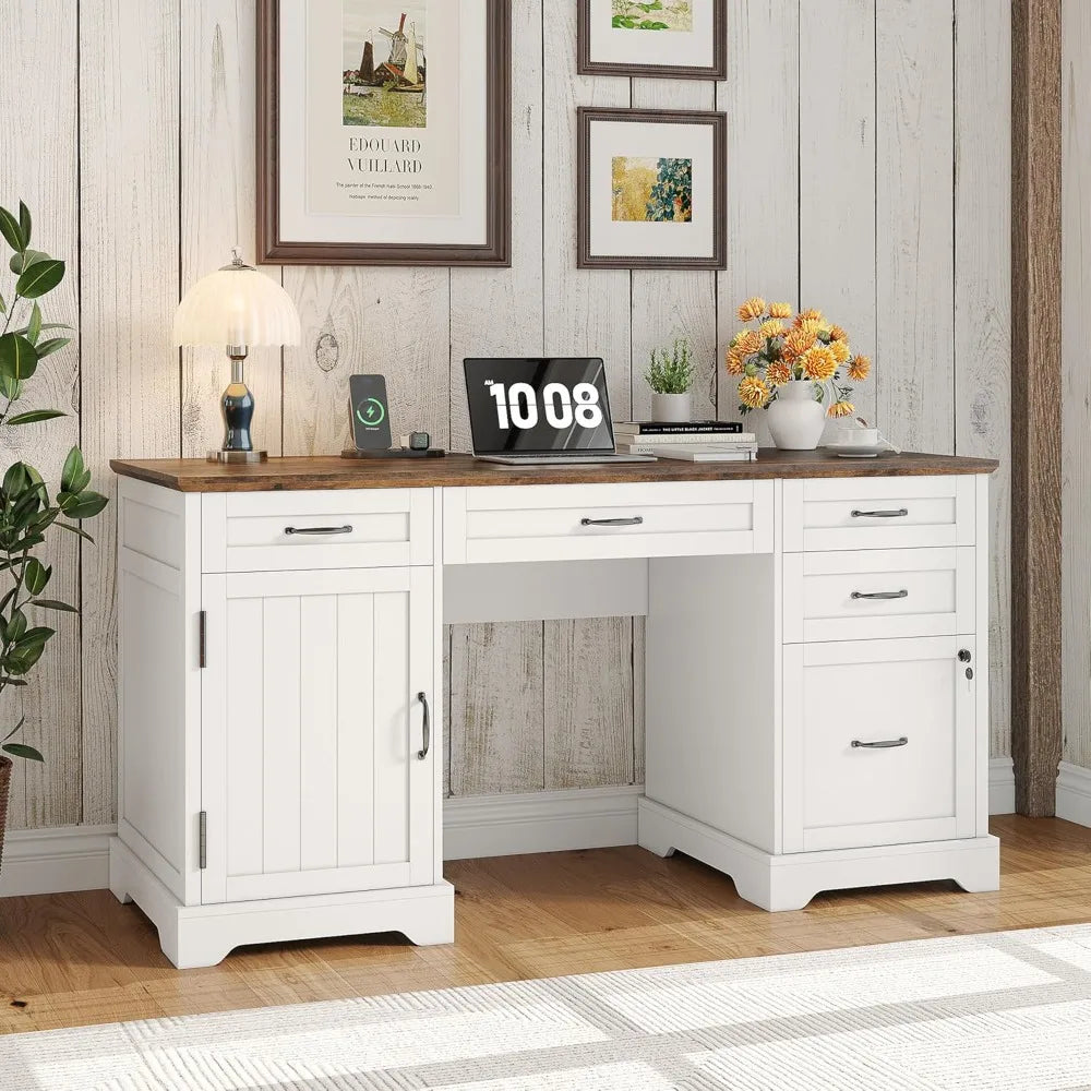 DESK
55'' Farmhouse Executive Computer Wooden Desk with Drawers and File Cabinet