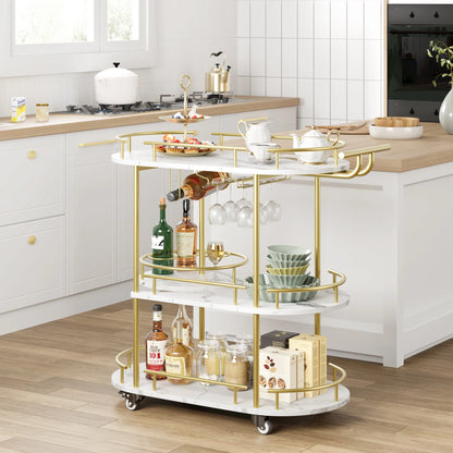 Mobile Bar Serving Carts On Wheels with Wine Rack and Glass Holder.
