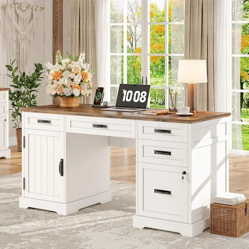 DESK
55'' Farmhouse Executive Computer Wooden Desk with Drawers and File Cabinet