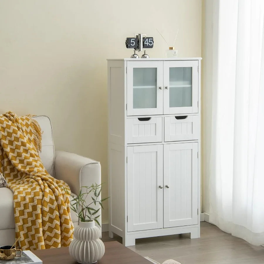 Tall Bathroom Cabinet Freestanding Floor Cabinet w 2 Double Door 2 Drawers