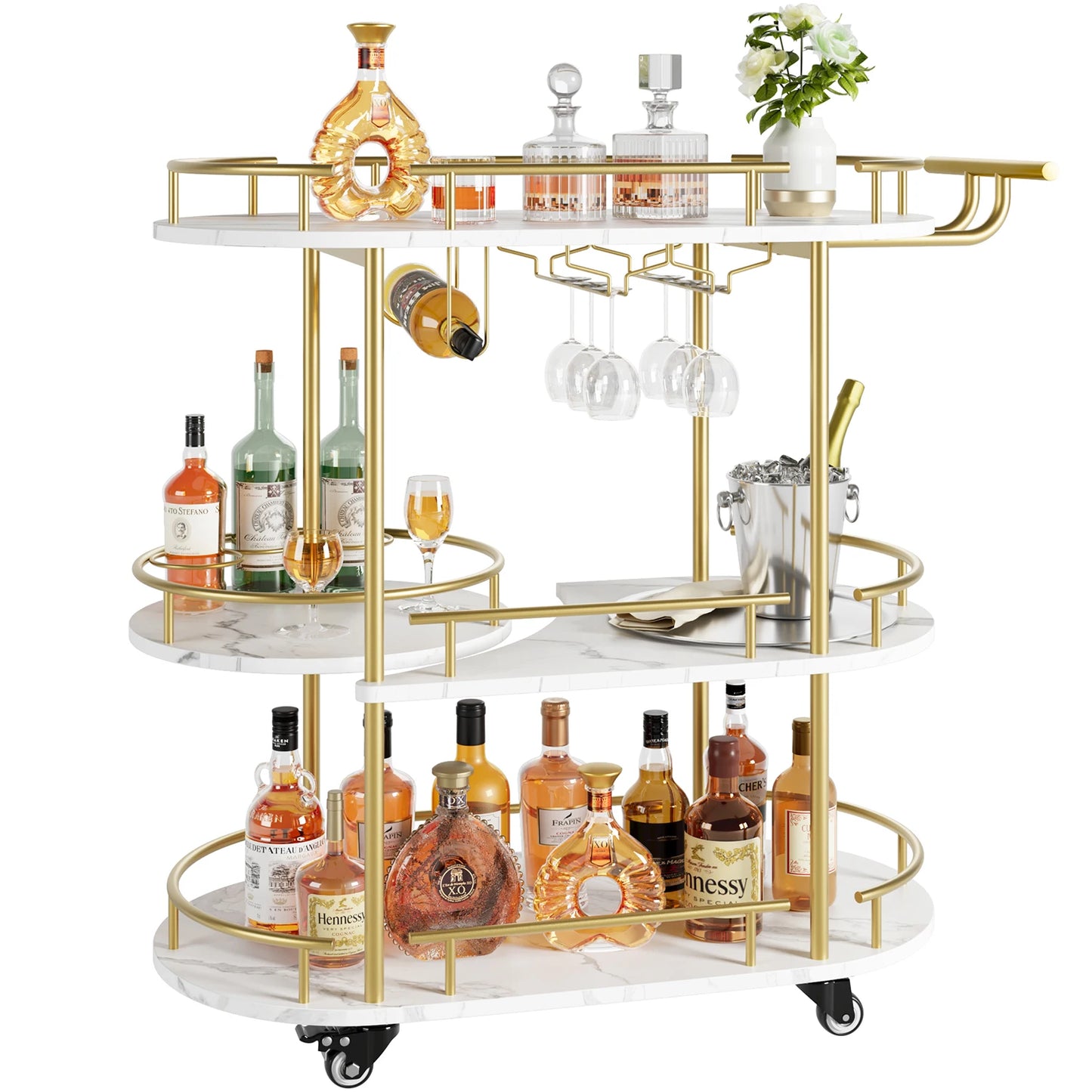 Mobile Bar Serving Carts On Wheels with Wine Rack and Glass Holder.