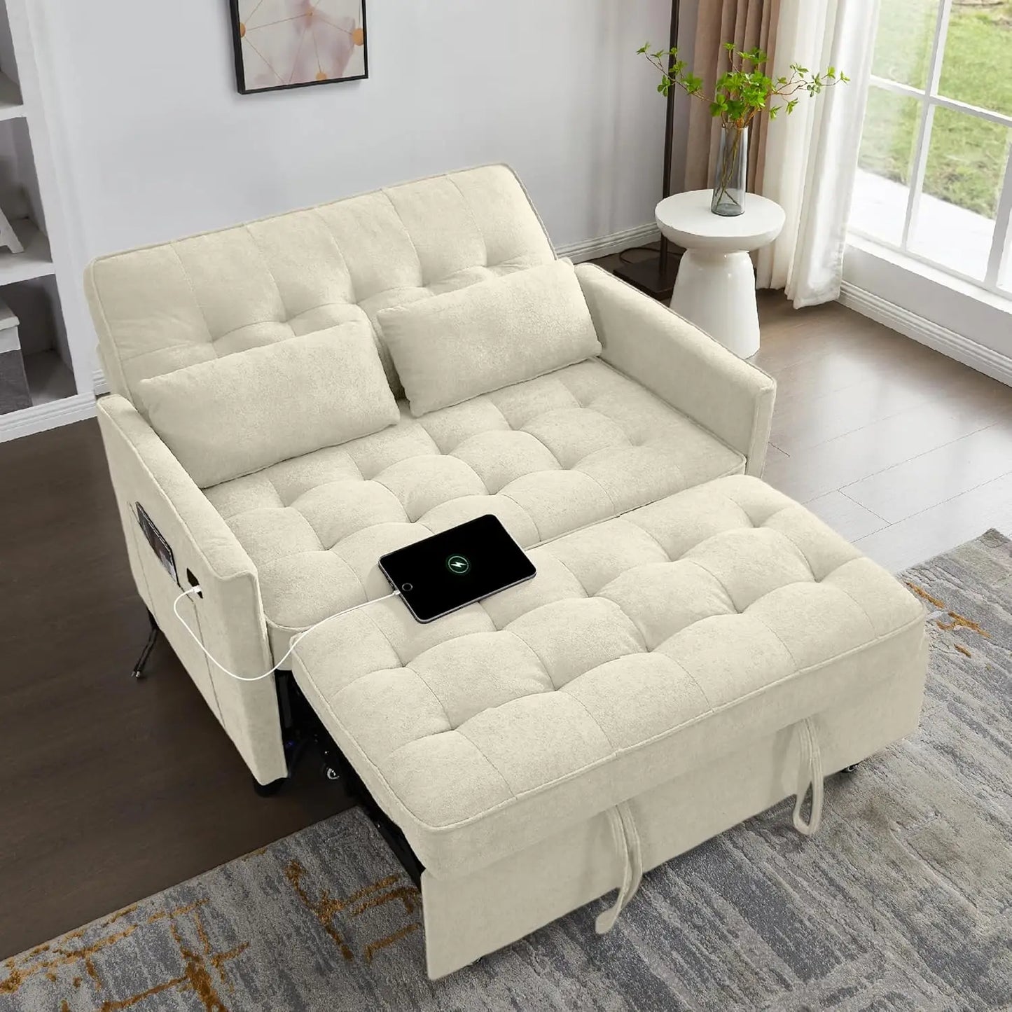 Convertible Sofa Bed, 3 in 1 Pull Out Couch, Loveseat Sleeper with Side Pocket