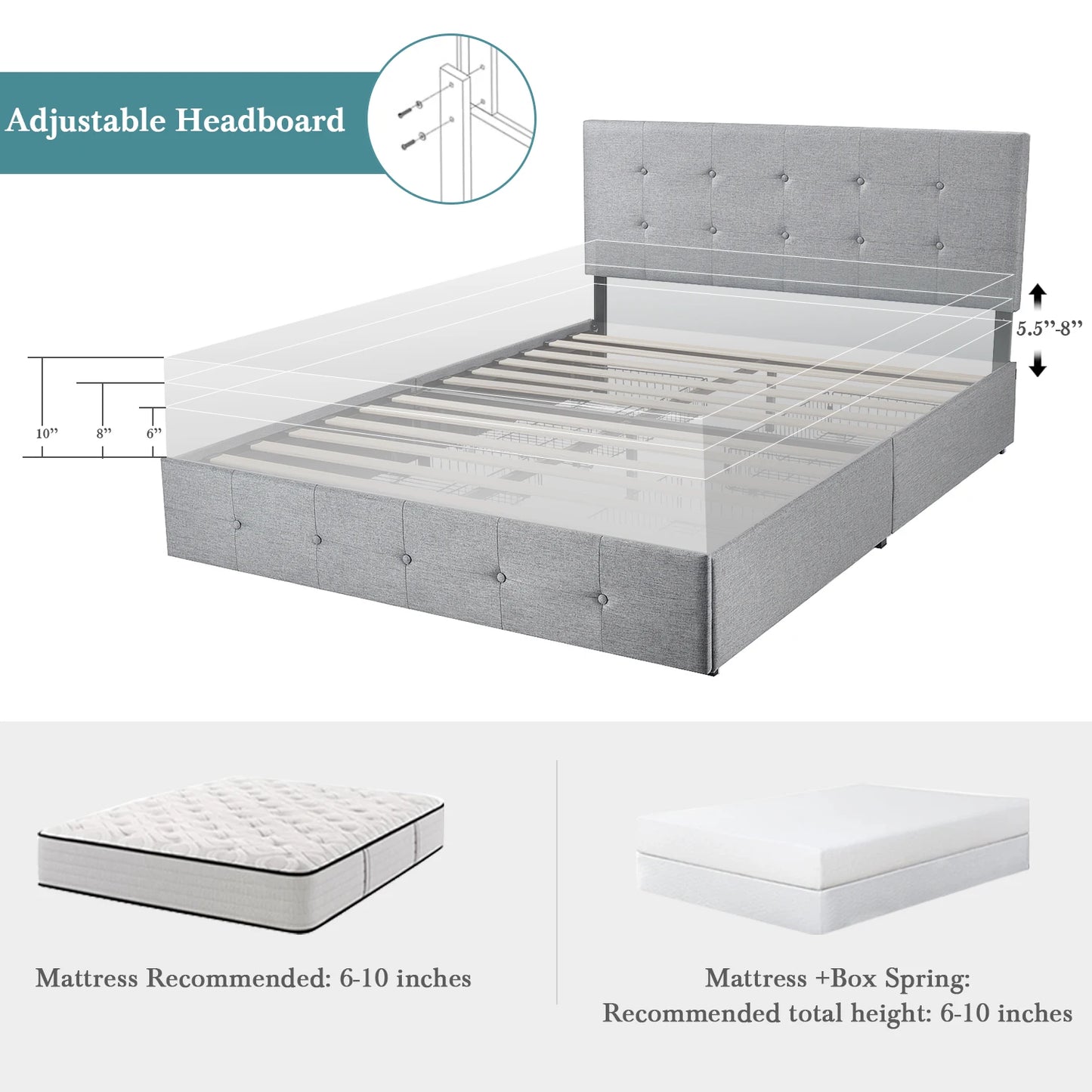 Adjustable Square Stitched Button Platform Headboard Bed Frame with 4 Drawers,