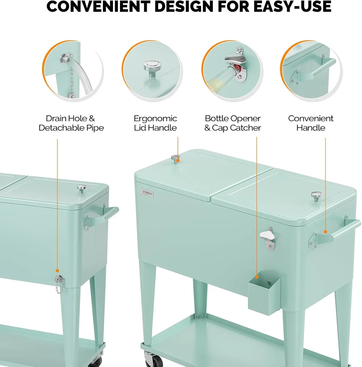 80 Quart Rolling Patio Party Bar Drink Cooler Cart, with Shelf and  Bottle Opener