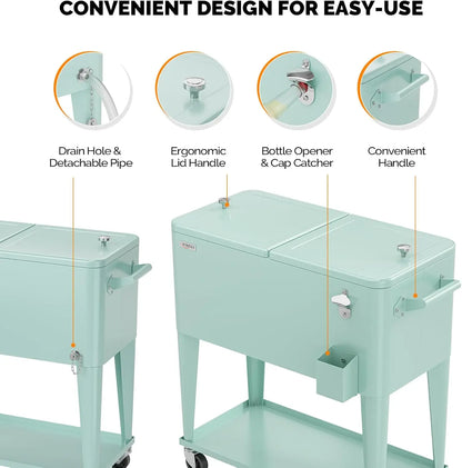 80 Quart Rolling Patio Party Bar Drink Cooler Cart, with Shelf and  Bottle Opener