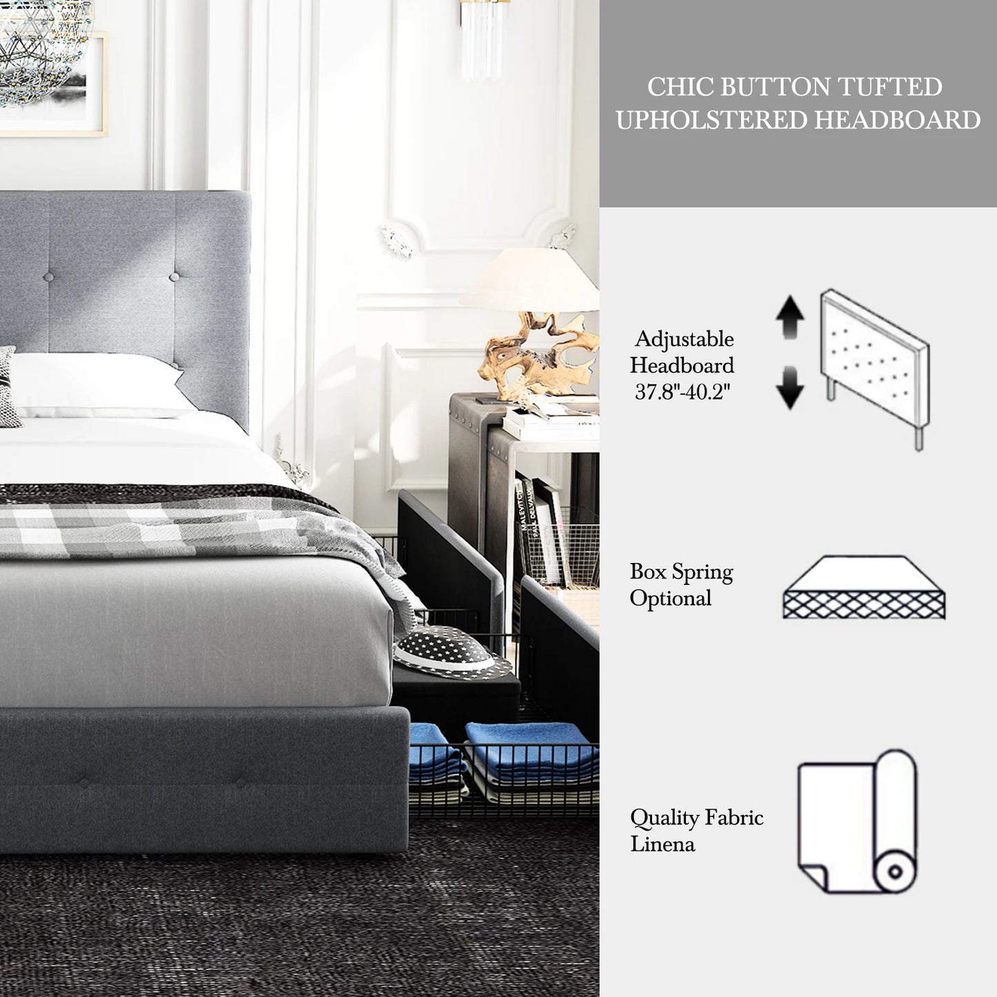 Adjustable Square Stitched Button Platform Headboard Bed Frame with 4 Drawers,